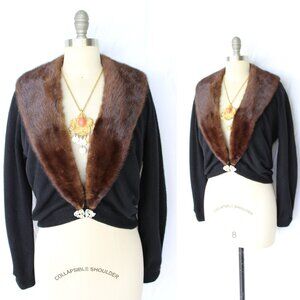 Bernard Altman black Cashmere cardigan brown Mink Collar vintage dress sweater